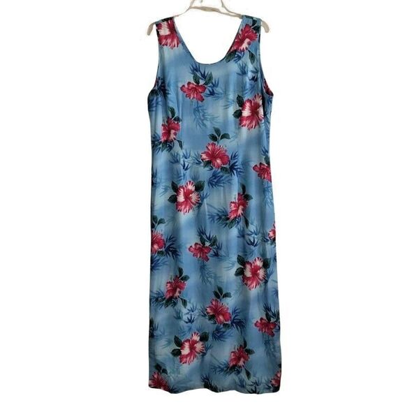 Jade Fashions Sleeveless Maxi Dress Size XL VTG Hawaii Blue Tropical Hibiscus - Picture 1 of 14